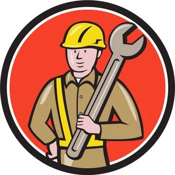 Construction Worker Spanner Circle Cartoon Illustration of a construction ... Stock Photos