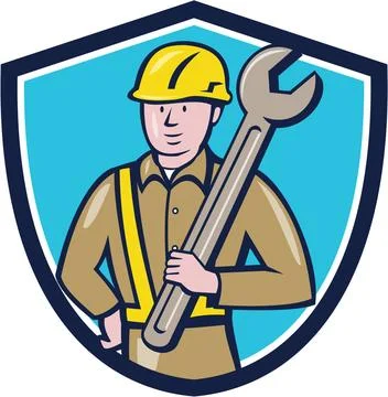 Construction Worker Spanner Shield Cartoon Illustration of a construction ... Stock Photos