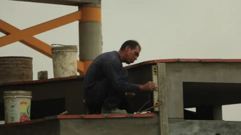 Construction worker, stairs and psychedelic railing to modern overpass Stock Footage 48915096