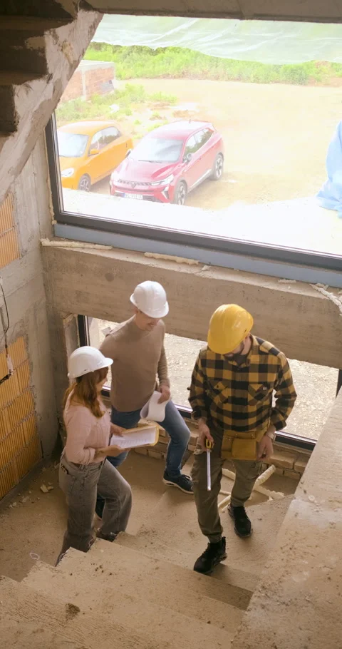 Construction worker on stairs showing the progress of a house build to an a.. Stock Footage 340332761
