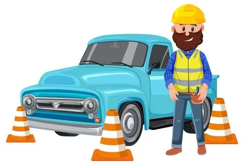 Construction Worker Standing by Blue Pickup Truck and Traffic Cones Stock Illustration