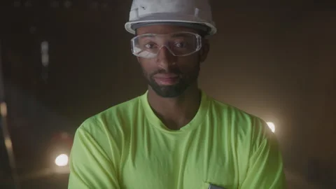 Construction Worker Standing Wearing Protective Goggles &amp; Hard Hat Stock-Footage 270388561