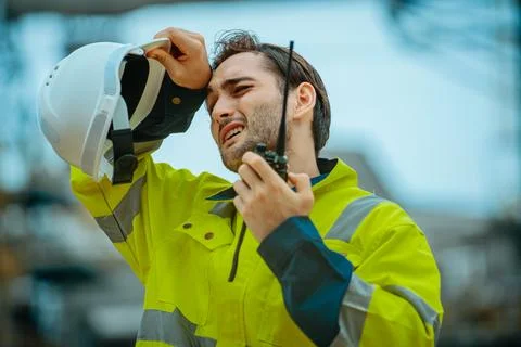 Construction worker stressed during hot weather at job site communicating v.. Stock Photos