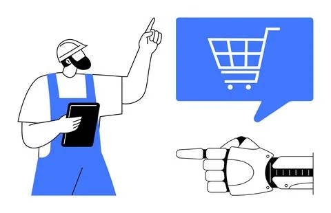 Construction Worker with Tablet and Robot Hand Pointing to Shopping Cart Icon Illustrazione stock