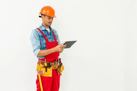 Construction Worker with a tablet. Planning Developer Concept Foto stock