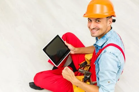 Construction Worker with a tablet. Planning Developer Concept Foto stock