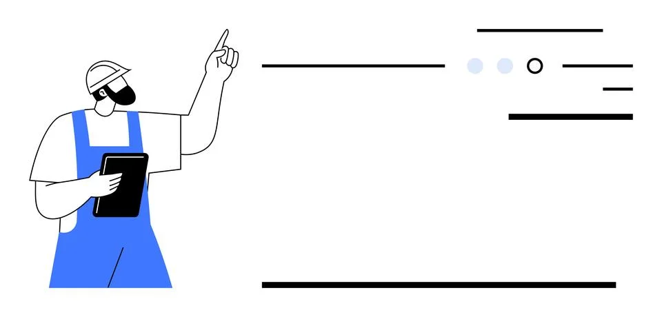 Construction Worker with Tablet Pointing at Data Visualizations and Charts 库存插图