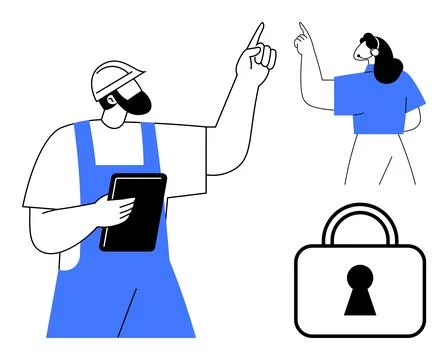 Construction worker with tablet pointing upward, woman in headset gesturing,  Illustrazione stock