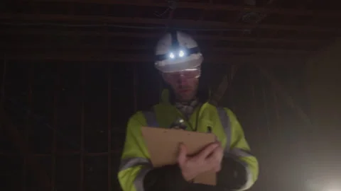 Construction Worker Takes Notes Looking Around Job Site At Night Video stock 270390998