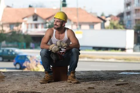 Construction Worker Taking A Break On The Job Stock Photos