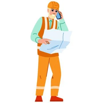 Construction worker talking on phone and reading blueprint on site Stock Illustration
