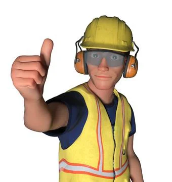 Construction worker thumbs up cartoon man isolated on white background 3D i.. Stock Illustration