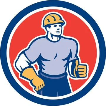 Construction Worker Thumbs Up Circle Retro Illustration of a construction ... Stock Photos