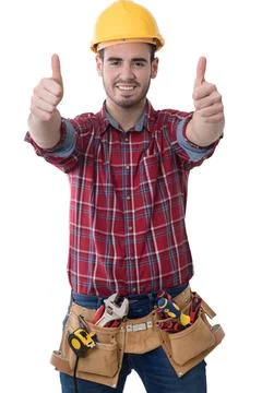 Construction worker with thumbs up isolated Stock Photos