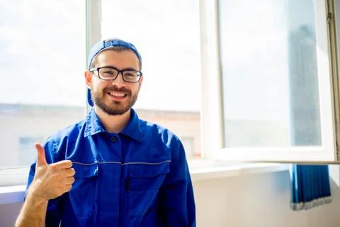Construction worker thumbs up Stock Photos