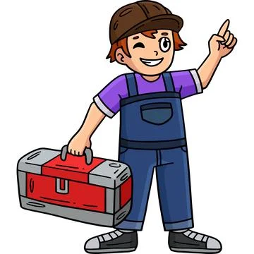 Construction Worker with Toolbox Cartoon Clipart Stock Illustration