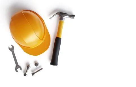 Construction worker tools and hardhat isolated on white background Stock Illustration
