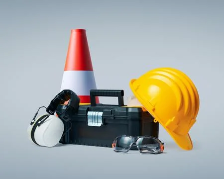 Construction worker tools and safety equipment Stock Photos