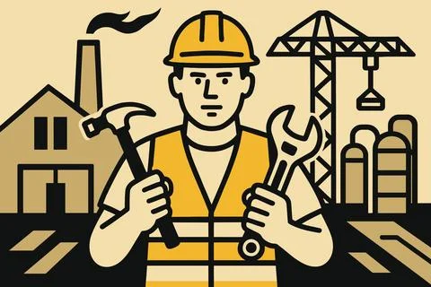 Construction worker with tools in front of industrial factory and crane Stock Illustration