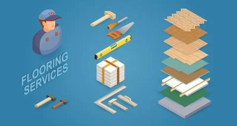 Construction worker, tools, parquet. Vector Isometric icons. Illustrazione stock