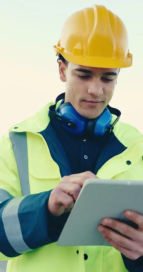 Construction worker, typing and man with tablet, outdoor and laughing with Stock Footage 345553031