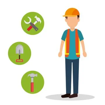 Construction worker with under construction icons 스톡 일러스트
