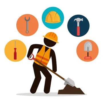 Construction worker with under construction icons 스톡 일러스트