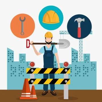 Construction worker with under construction icons Stock Illustration
