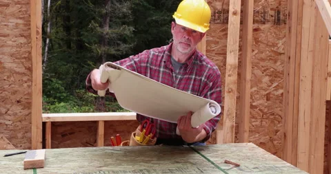 Construction worker unfolding building plans to review and make notes with a pen Stock Footage 139666797