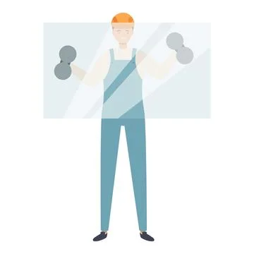 Construction worker in uniform and hard hat installing glass pane using suction Ilustración de archivo