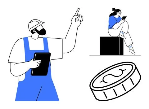 Construction worker in uniform holding tablet, pointing upwards while office  Stock Illustration