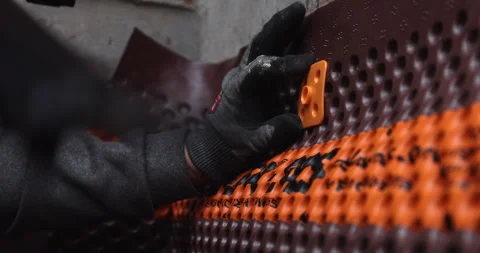 Construction worker uses ram gun to fasten foundation sheathing - close up Stock Footage 283065571