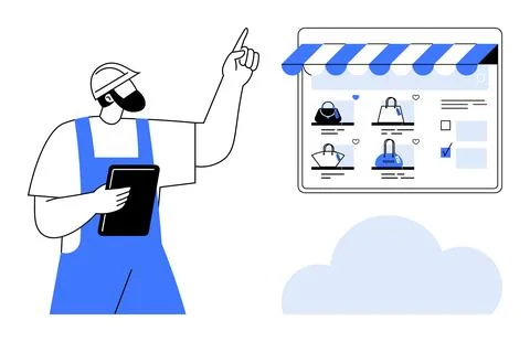 Construction worker uses a tablet while pointing at an online storefront disp Stock Illustration