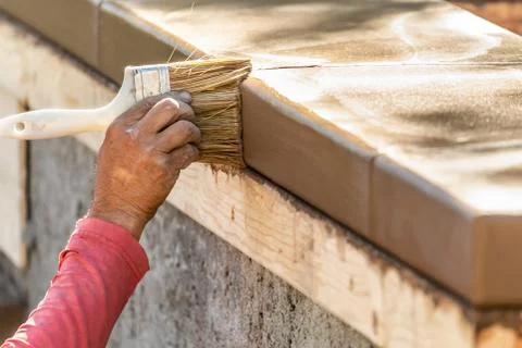Construction Worker Using Brush On Wet Cement Forming Coping Around New Pool. Stock Photos