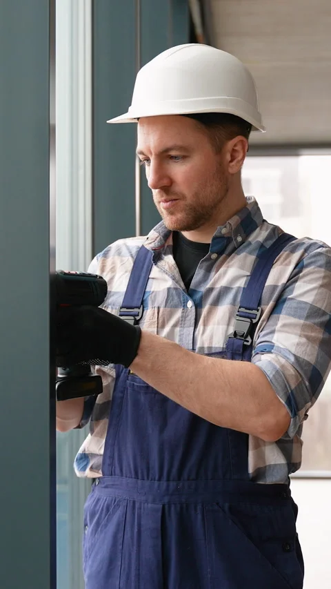 Construction worker using cordless drill on metal frame Video stock 314573461