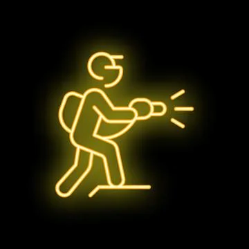 Construction worker using demolition hammer neon sign on black background Illustrazione stock