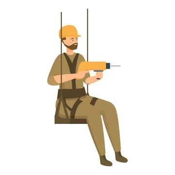 Construction worker using drill hanging on ropes at height Illustrazione stock