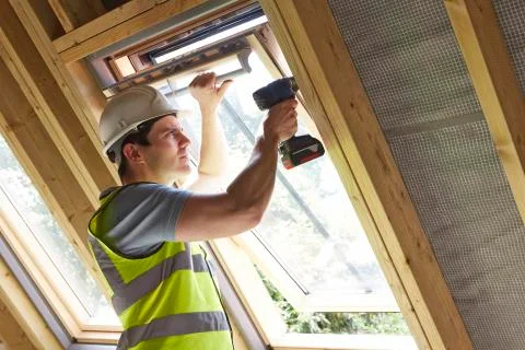 Construction worker using drill to install window Stock Photos