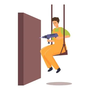 Construction worker using electric drill while sitting on swing for drilling Illustrazione stock