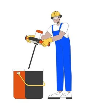 Construction worker using electric mixer to stir plaster in bucket 2D charact Illustrazione stock