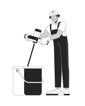 Construction worker using electric mixer stir plaster in bucket line characte Illustrazione stock