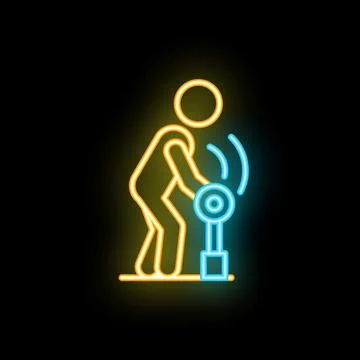 Construction worker using jackhammer neon sign on black background Illustrazione stock