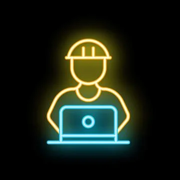 Construction worker using laptop neon sign on black background Illustrazione stock