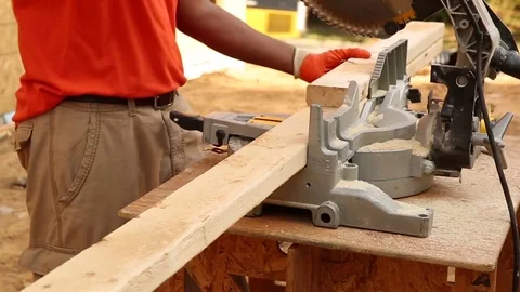 Construction Worker Using Large Table Saw Stock Footage 81751416