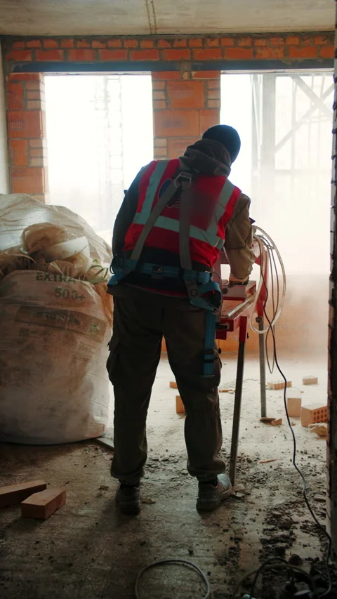Construction Worker Using Saw in Unfinished Building Stock Footage 301529325