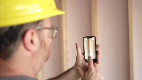 Construction Worker Using Smartphone Augmented Reality App Stock Footage 242620644
