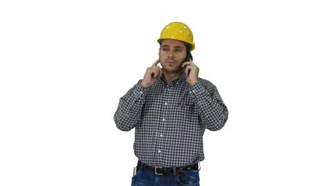 Construction worker using smartphone on white background. Foto stock