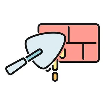 Construction worker using trowel applying mortar on brick wall 库存插图