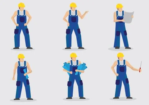 Construction Worker Vector Cartoon Character Set Stock Illustration