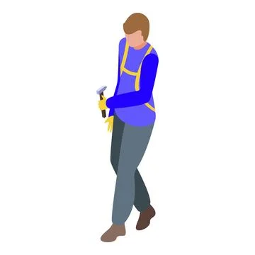 Construction worker walking and holding hammer isometric illustration Stock Illustration